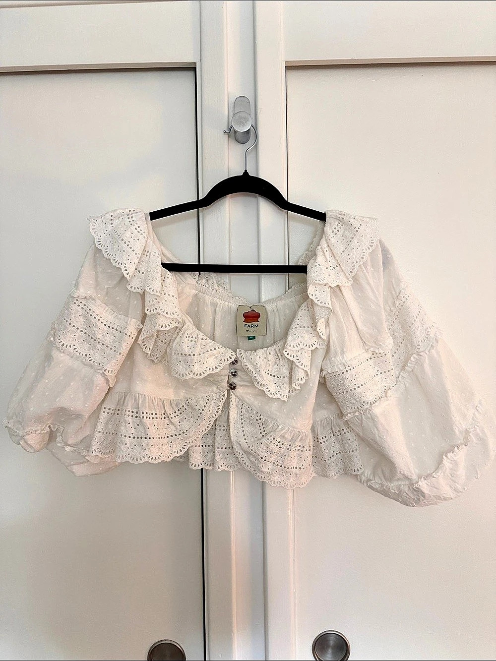 Farm Rio Eyelet Cotton Crop Top Blouse White Medium